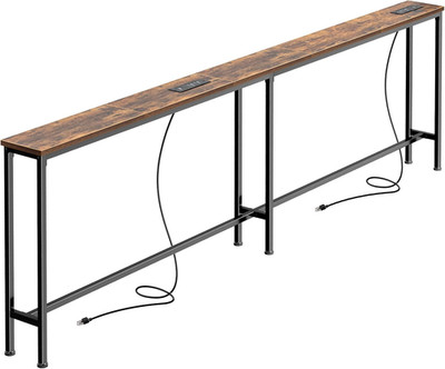 79'' Rustic Brown Sofa Table with Power Outlets & USB-C, Narrow Console for Small