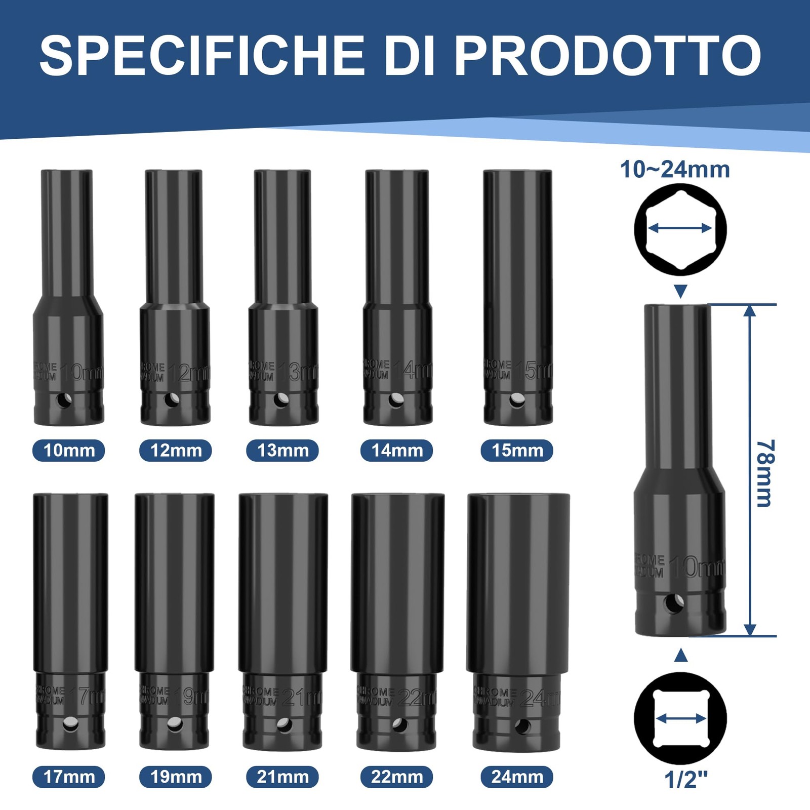 Pezzi Chiavi a Bussola Lunghe 1/2 Set Bussole 1/2 10-24mm Bussole a Impulsi - Miniatura 2