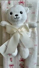 Laura Ashley Bows and Roses Plush Blanket Pale Pink Teddy Bear Lovey Set NWT