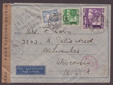 Netherlands Indies 114A, 181 & 186 on 1941 censored cover to Wisconin, USA
