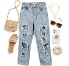 Jeans donna Bershka alta acqua vita alta lavaggio leggero invecchiato bottoni mosca taglia 4