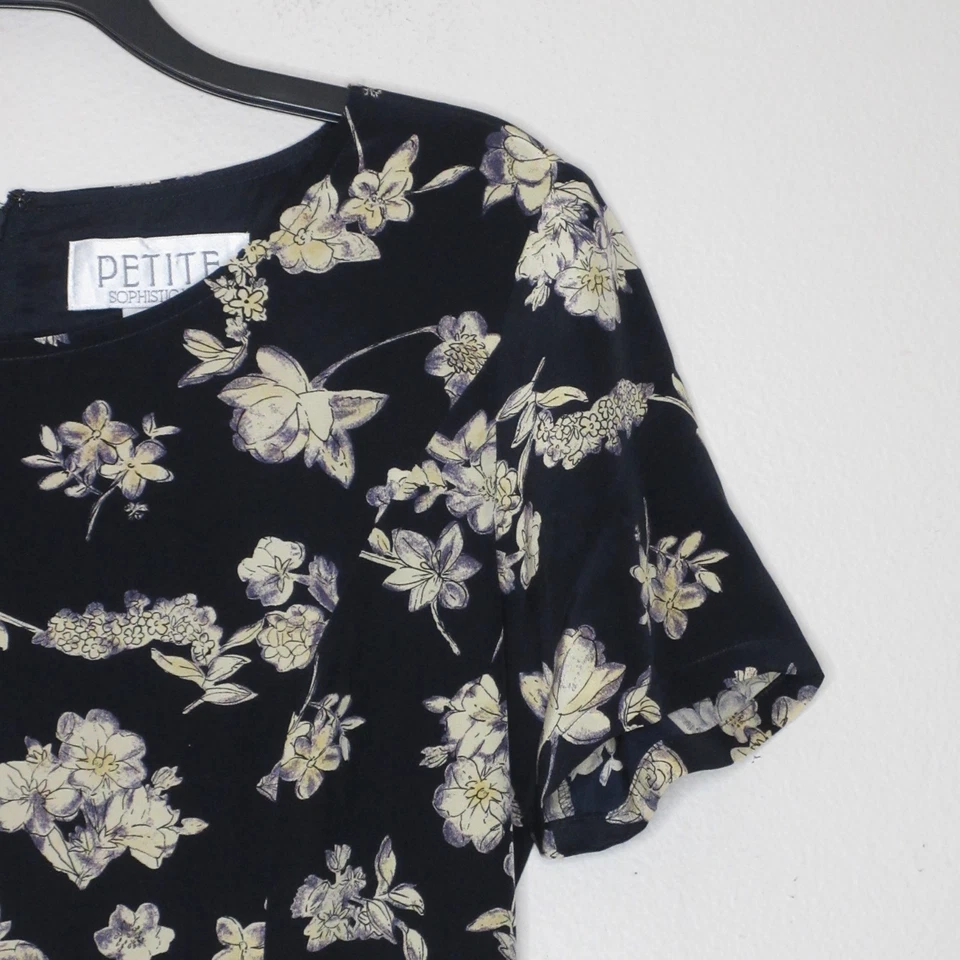 Petite Sophisticate VTG Womens Navy Floral Print SS Silk A Line Mini Dress 4 B54 - Image 4 of 4