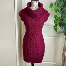 J.J. Basics Cable Knit Cowl Neck Cap Sleeve Sweater Dress Burgundy Sz L