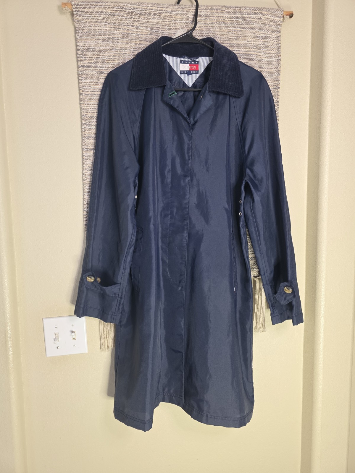 Vintage Tommy Hilfiger Small Navy Blue Coat, Corduroy Collar, Tiny Hole Infront