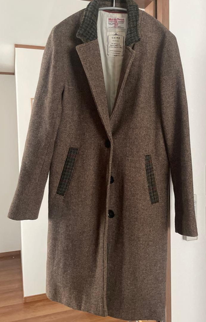 Harris Tweed Coat Brown Wool Long Check Size M Women's Gift From