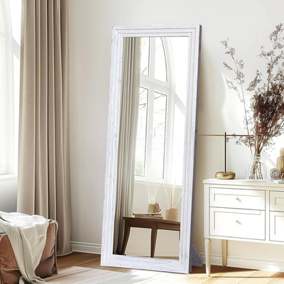 Stylish 65'' Full Length Mirror with Solid Wood Frame - White, Leaning or Standin