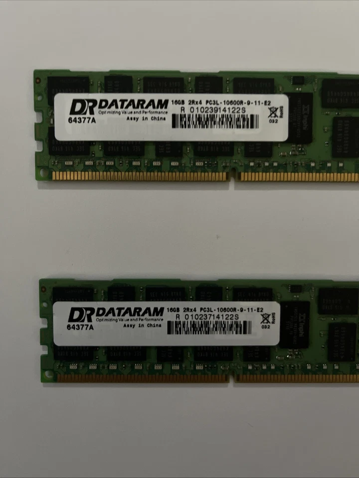 Lot of 2 Dataram 64377A 2x16GB PC3L-10600R-9-11-E2 2RX4 DDR3 Very Low Profile - Image 2 of 3
