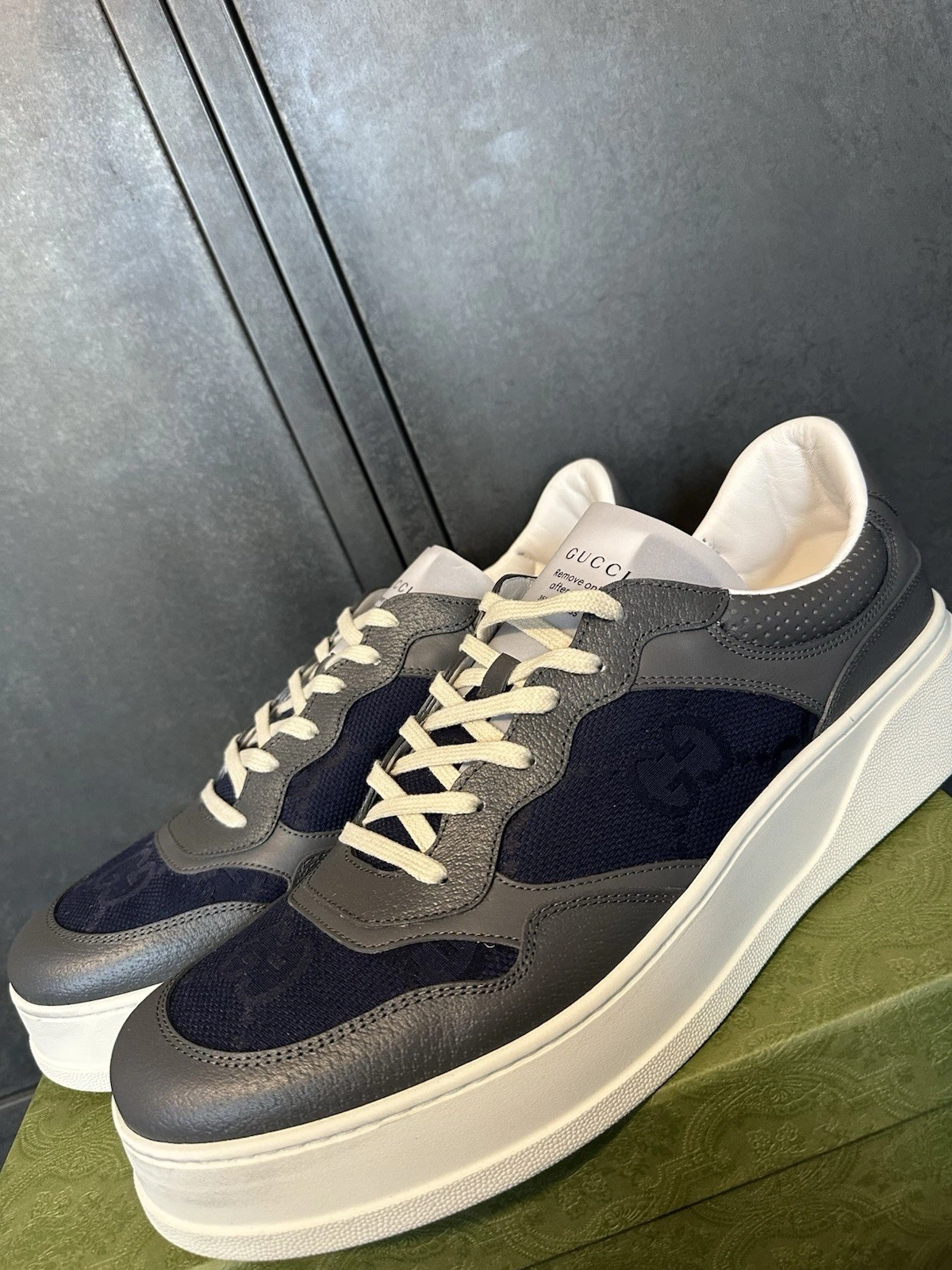 Gucci — Gucci Mens Grey Supreme Leather GG Chunky Sneakers Trainers Size 13.5UK/14.5US