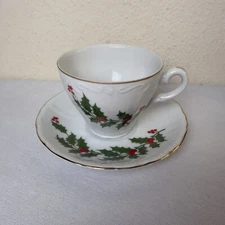 Vintage Christmas Holly Porcelain Cup With Saucer Japan Gold Rim Tea Coffee