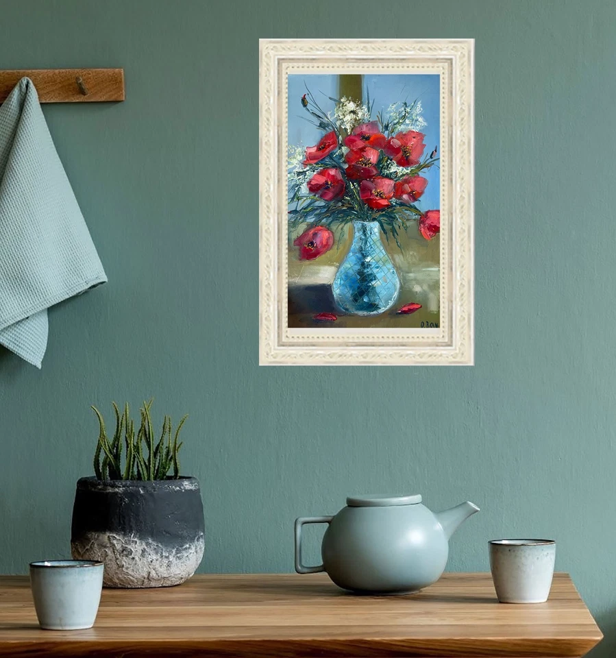 Pintura Amapola Roja Arte Original Óleo Lienzo Pintura Flor Arte 12x20" Firmado Foto 3 de 4