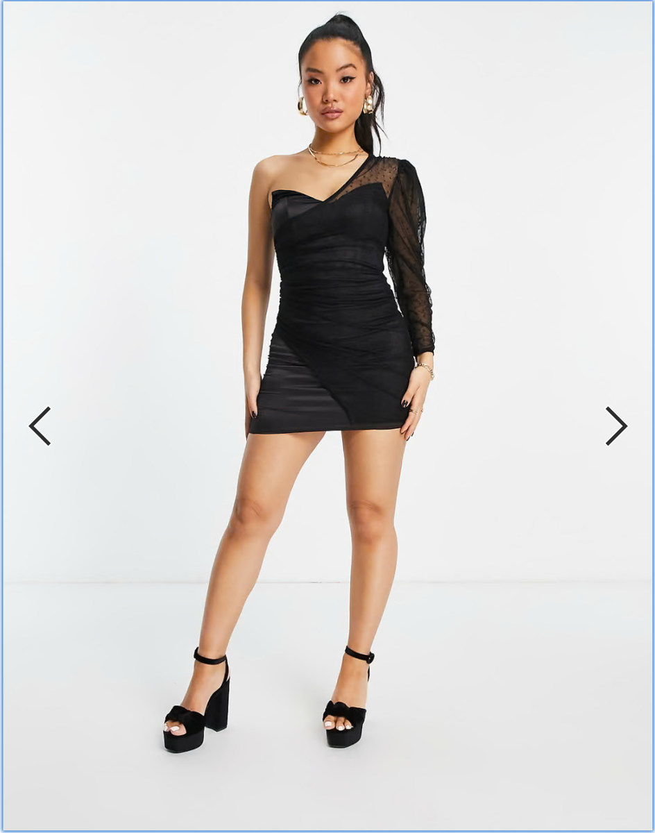 ASOS DESIGN PETITE Black one shoulder dobby mesh satin mini dress size UK 8  EU36