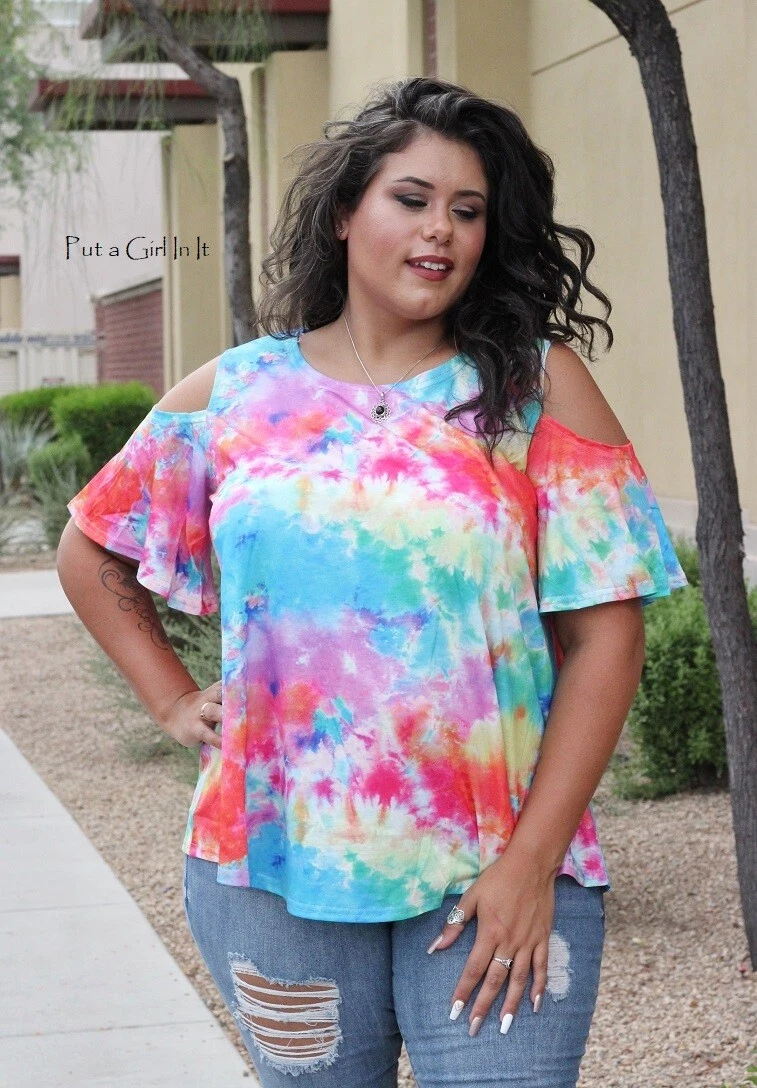 New PLUS SIZE Womens MULTI COLOR TIE DYE COLD SHOULDER TUNIC SHIRT TOP 1X 2X 3X