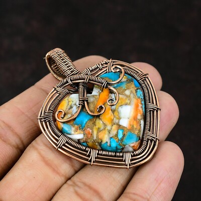 Spiny Oyster Turquoise Wire Wrapped Pendant Handcrafted Copper Ethnic Gift 2.32''