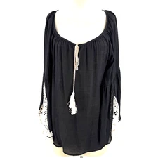 Mittoshop Boho Peasant Tunic Top Women Large Black Crochet Fairygoth Tassels NEW