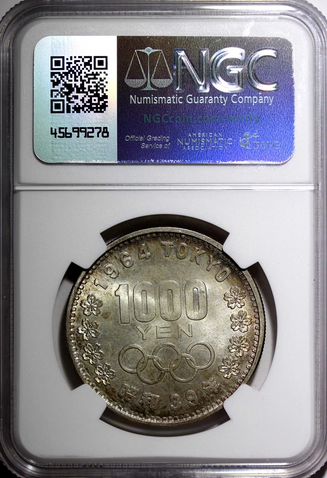 JAPÓN Plata S39 1964 1000 Yenes Juegos Olímpicos, Tokio NGC MS66 Arco Iris Tonificado Y# 80 (17) Foto 3 de 4