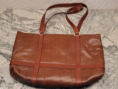 FALOR Tote Handbag Italy Supple Croc-Embossed Genuine Brown Leather