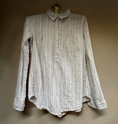 Isabelle Sinclair Womens Linen Blend Button Up Shirt Top XS White Striped Casual