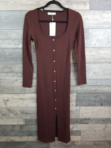 Mango MNG Midi Bodycon Dress Small Brown Button Up  Long Sleeve Stretch BNWT - Picture 1 of 12