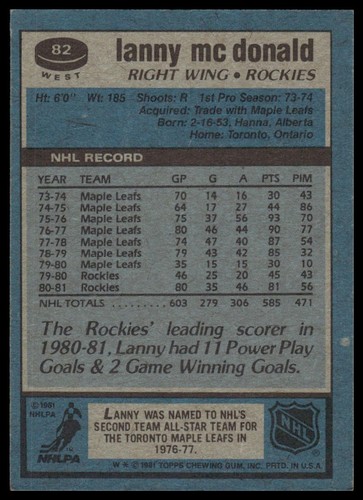 1981-82 Topps #W82 Lanny McDonald Colorado Rockies - 第 2/2 張圖片