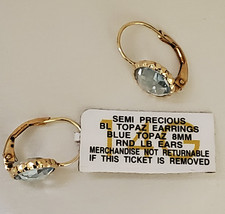 14K Yellow Gold Faceted Blue Topaz Lever Back Earrings in Fancy Bezel