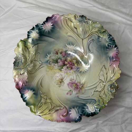 Vintage Unmarked R S Prussia Porcelain 3D Bowl Flowers 10" Wide CHIP