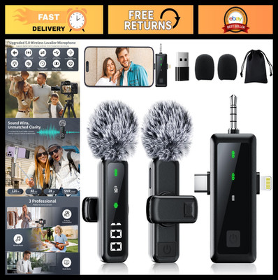 Wireless Lavalier Microphone 3-in-1 Clip-On Lapel Mic for iPhone, Android, Camer