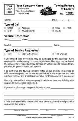 Towing Release of Liability Form / 2 Part or 3 Part / 5.5 x 8.5 / TMG223