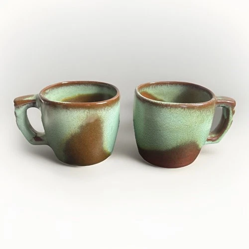 (2) VTG Frankoma Plainsman Prairie Green Brown 5C Coffee Mugs Cups Ridged Handle