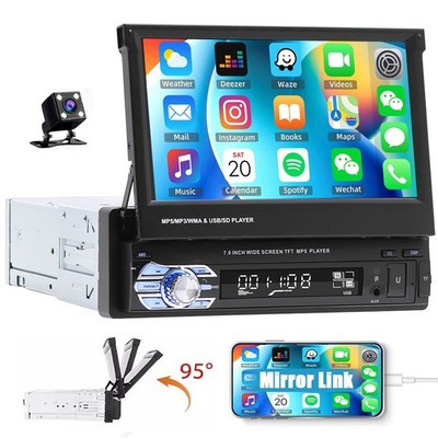 Touch Screen Single 1 Din 7'' Flip Out Car Stereo FM BT Radio with Backup Camera