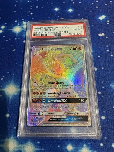 2018 Pokémon Sun & Moon Reshiram GX Dragon Majesty Full Art 71/70 PSA 8