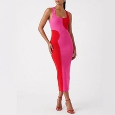 Naked Wardrobe Pink Red Colorblock Ribbed Midi Dress Size M