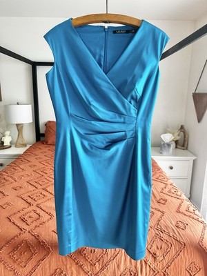 Ralph Lauren Blue Satin Stretch Ruched V Neck Knee Length Dress Size 8 | eBay Ralph Lauren Blue Satin Stretch Ruched V Neck Knee Length Dress Size 8 | eBay