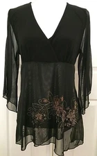 LIBIAN Women's Top 34" bust Asymmetrical Sheer Layers Floral Accent Stretch 