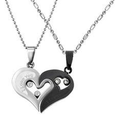 Stainless Steel Couple Necklace Pendant Love Heart CZ Puzzle Matching 1 Set