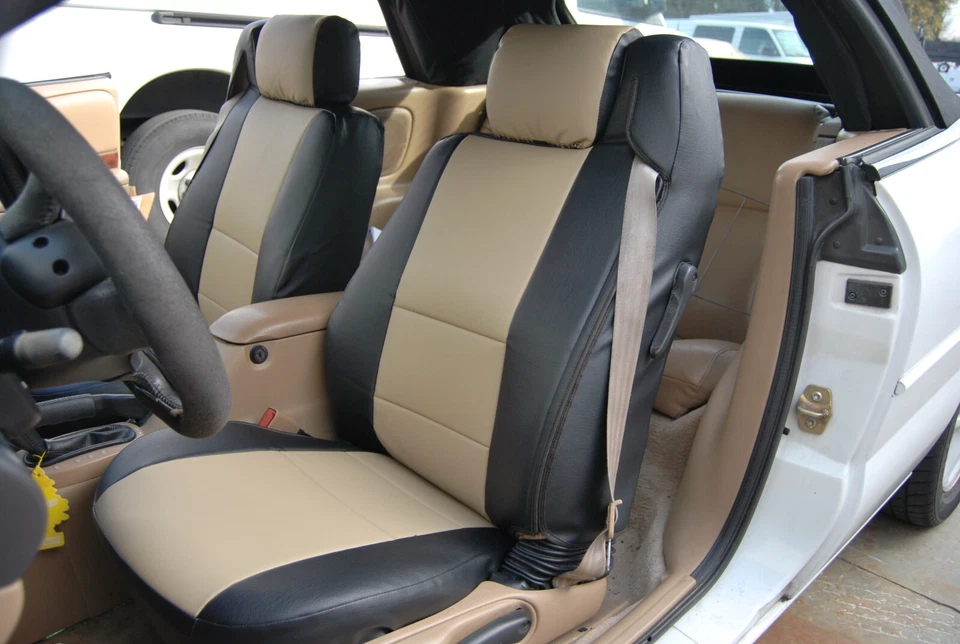 FUNDAS DE ASIENTO DELANTERAS NEGRAS/BEIGE PARA CHRYSLER SEBRING CONVERTIBLE 96-00 AJUSTE PERSONALIZADO Foto 4 de 4
