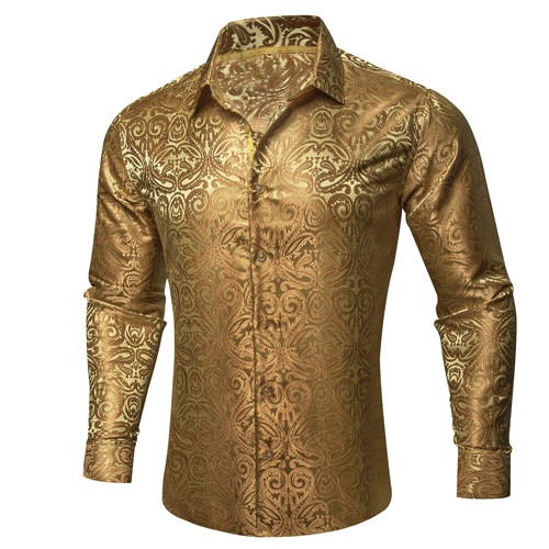 New Mens Silk Shirts Blue Red Grey Floral Dress Shirt Long Sleeve Button Down - Picture 97 of 169