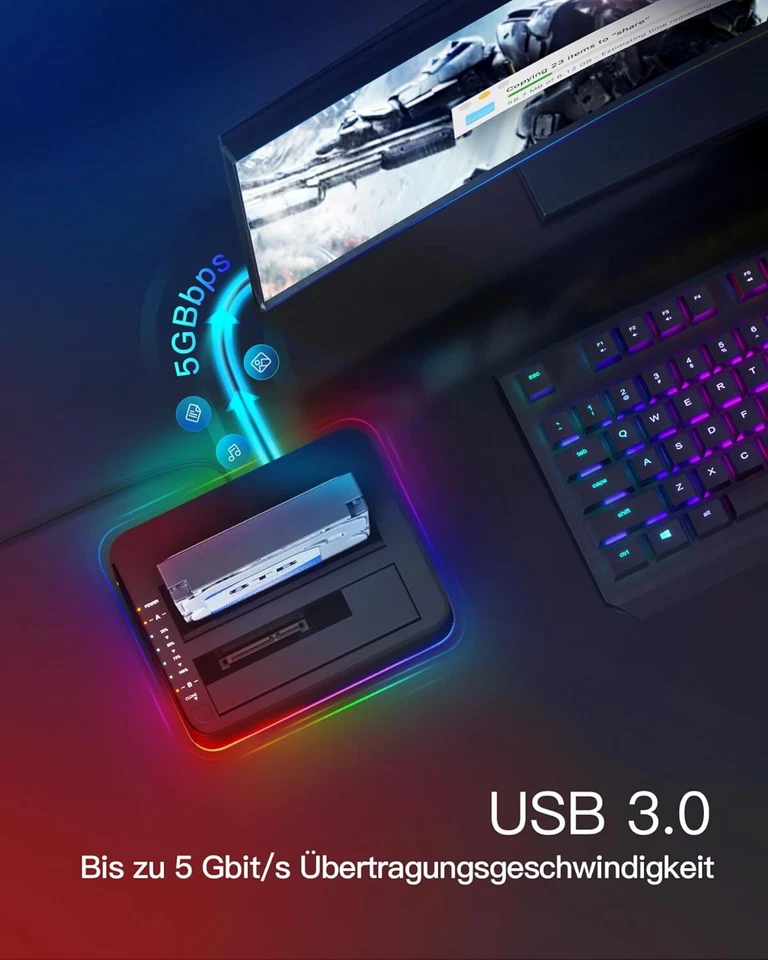Inateck USB 3.0 USB-C Festplatten Dockingstation 2,5/3,5 Zoll SATA HDD SSD RGB - Bild 4 von 4
