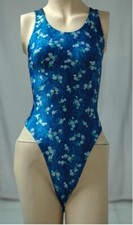 Blue Flower Pattern Spandex Thong Leotard for Women size 8 Small