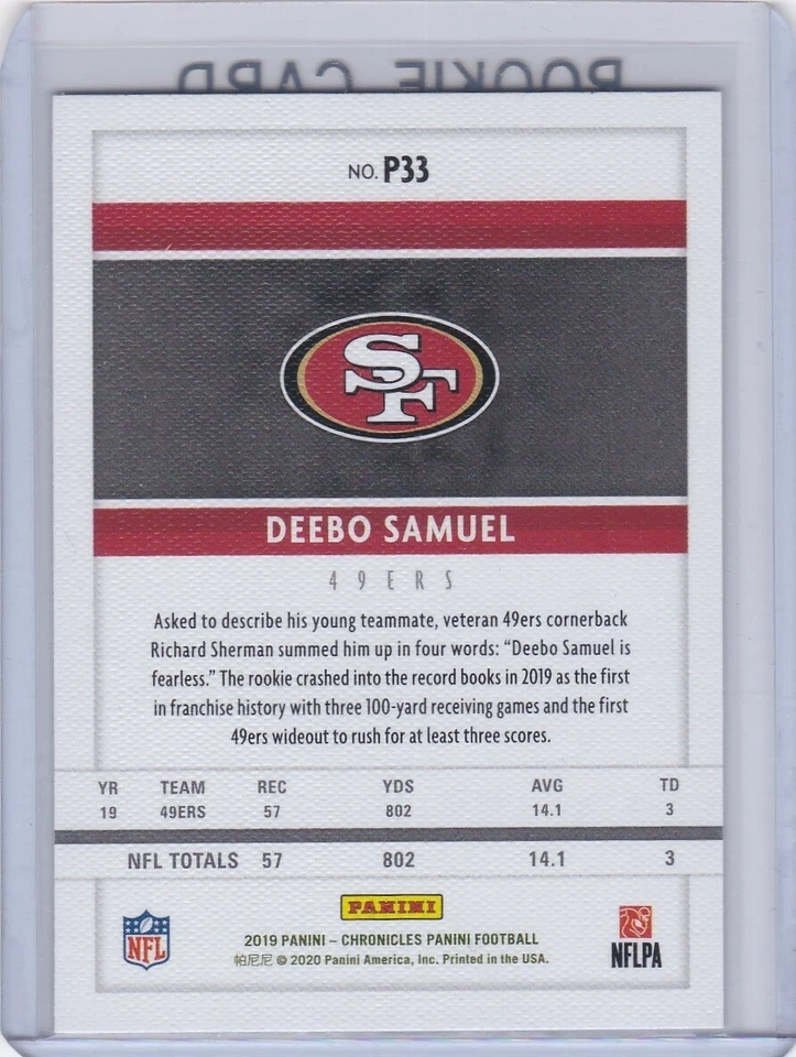 DEEBO SAMUEL ROOKIE CARD San Francisco 49ers Football 2019 PANINI LE! - Image 2 of 2