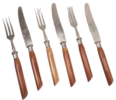 Childs Bakelite Flatware Set Butterscotch & Caramel 3 Forks 3 Knives Alpacca
