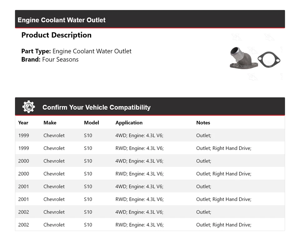 For 1999-2002 Chevrolet S10 4.3L V6 Engine Coolant Water Outlet 4 Seasons 2000 - Image 2 of 4