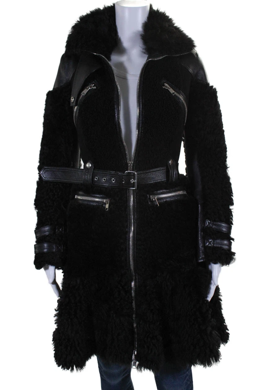 Alexander McQueen cappotto donna pelle shearling zip davanti nero taglia IT 38