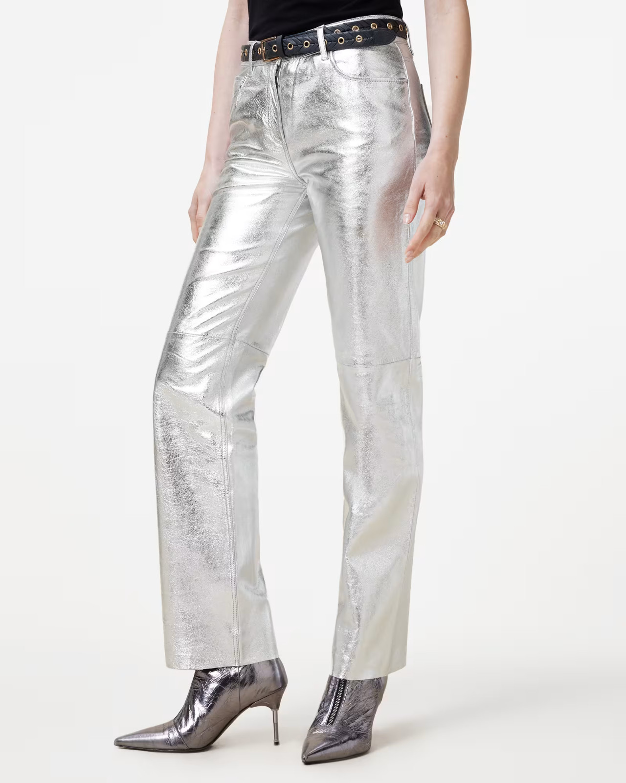 All Saints Saige Foil Metallic Leather Trousers - Silver - RRP £395