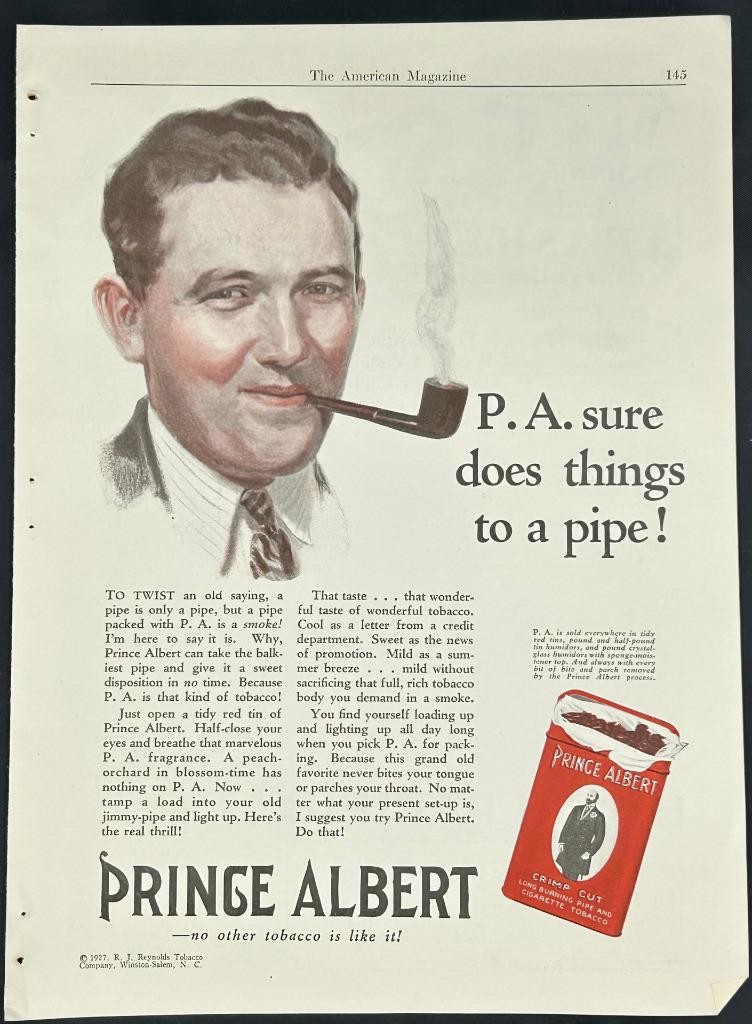 Magazine Ad - 1927 - Prince Albert Pipe Tobacco - P.A. sure does things