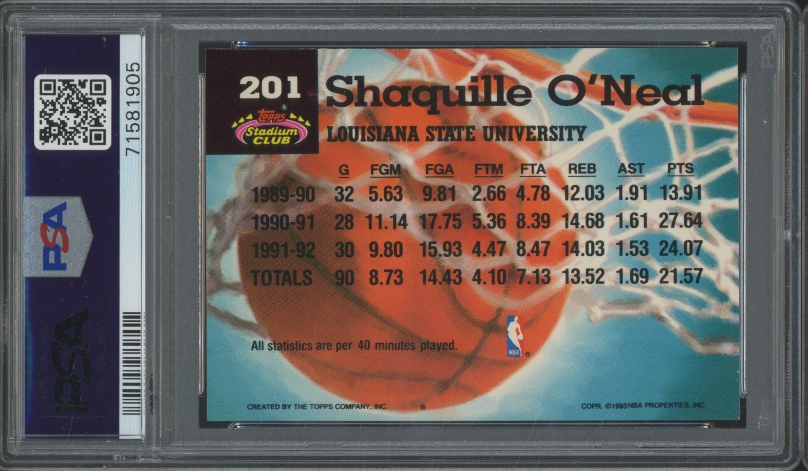 1992 Topps Stadium Club Members Only #201 Shaquille O'Neal RC Rookie Mint PSA 9 view 2