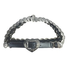 Black Leather Concho Belt Silver-tone Heart and Round Conchos. 55 In