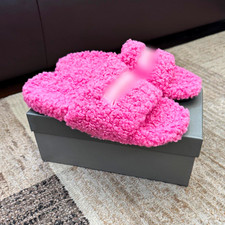 Women's Pink Faux Fur Slide Slippers Open Toe Slip-On Rubber Sole US 9