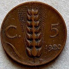 Italy 5-centesimi coin, 1920 KM# 59, copper. King Victorio Emmanuel III. Wheat.