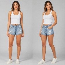Aeropostale Aero Womens Light Wash Distressed Denim Shorts Size 4 Blue Cuffed