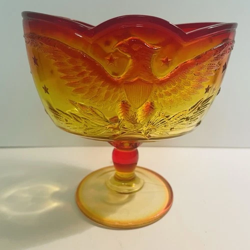 VTG L E Smith Red Yellow Amberina Glass Eagle Pedestal Candy Compote Dish Glows!